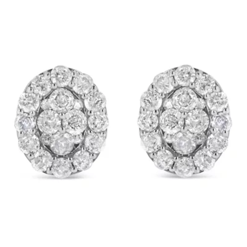 Silver 1 1/2 Ct RoundDiamond Oval Shaped Stud Earrings