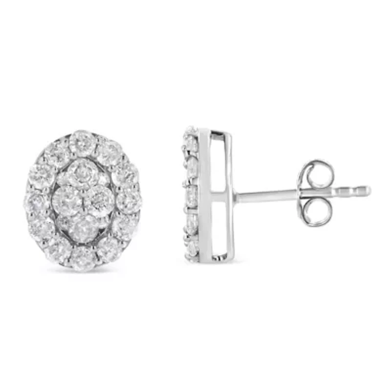 Silver 1 1/2 Ct RoundDiamond Oval Shaped Stud Earrings