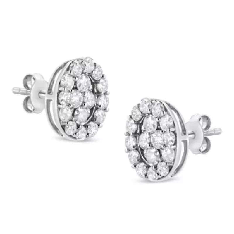 Silver 1 1/2 Ct RoundDiamond Oval Shaped Stud Earrings