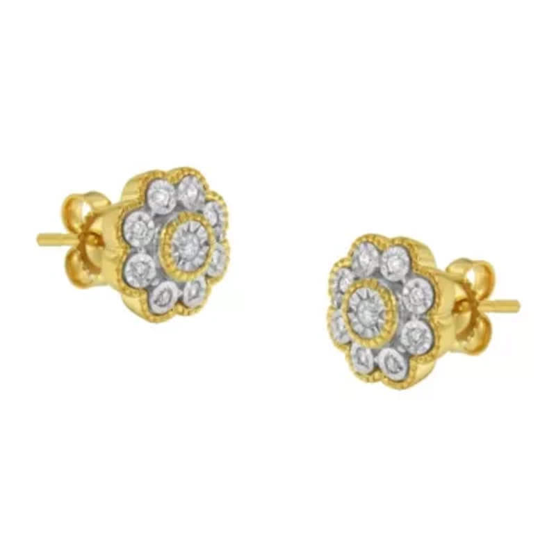 14K Yellow Gold Plated Silver 1/6 Ct Miracle-Plate Diamond Floral Stud Earrings