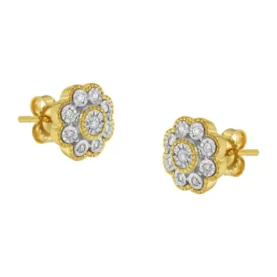 14K Yellow Gold Plated Silver 1/6 Ct Miracle-Plate Diamond Floral Stud Earrings