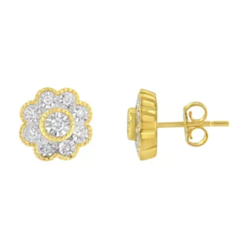 14K Yellow Gold Plated Silver 1/6 Ct Miracle-Plate Diamond Floral Stud Earrings
