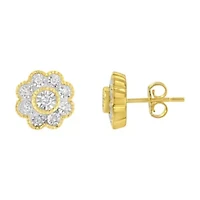 14K Yellow Gold Plated Silver 1/6 Ct Miracle-Plate Diamond Floral Stud Earrings