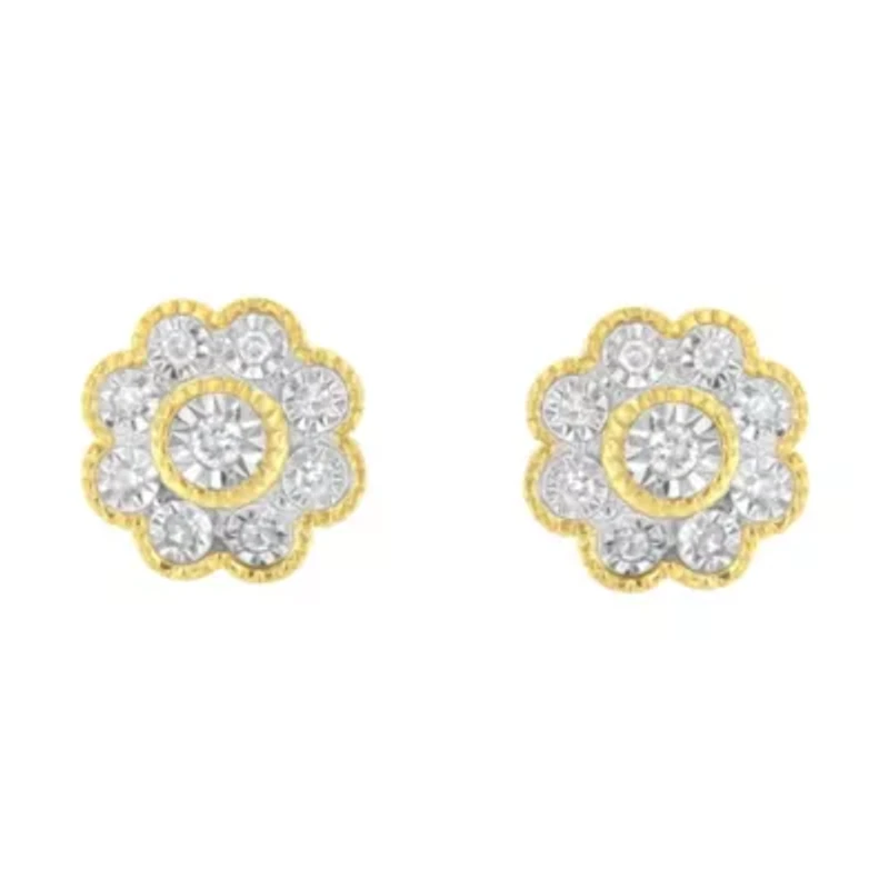 14K Yellow Gold Plated Silver 1/6 Ct Miracle-Plate Diamond Floral Stud Earrings