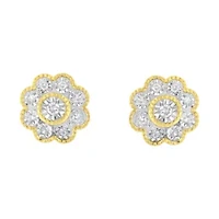 14K Yellow Gold Plated Silver 1/6 Ct Miracle-Plate Diamond Floral Stud Earrings