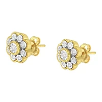 14K Yellow Gold Plated Silver 1/6 Ct Miracle-Plate Diamond Floral Stud Earrings