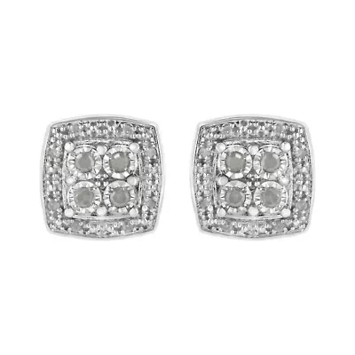 Silver 1/4 Ct Round Diamond Square Shape Milgrain Stud Earrings