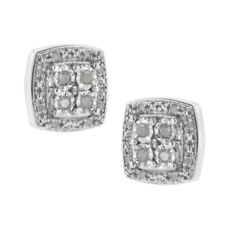 Silver 1/4 Ct Round Diamond Square Shape Milgrain Stud Earrings