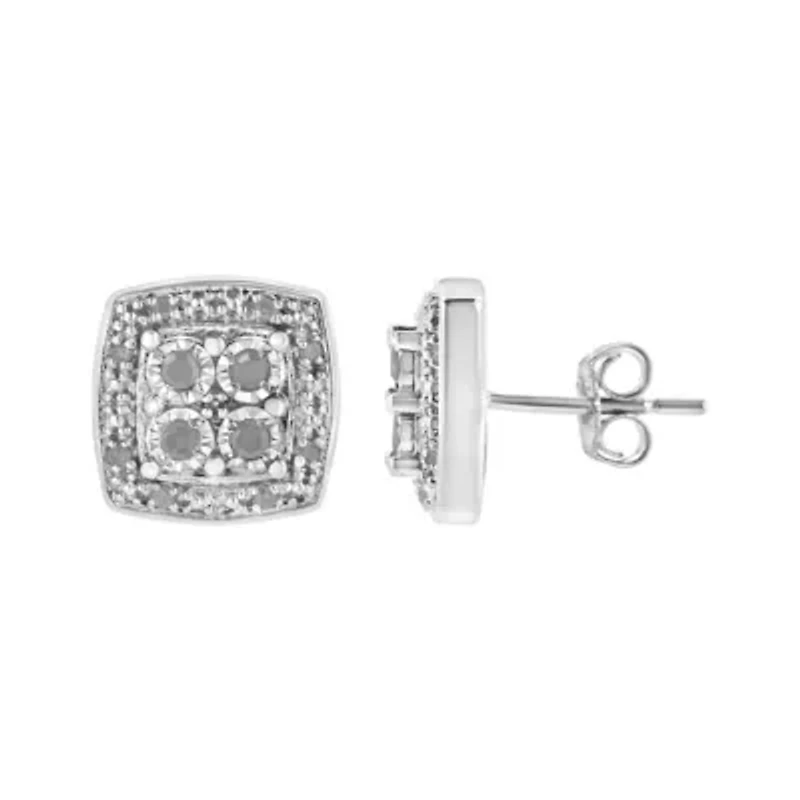 Silver 1/4 Ct Round Diamond Square Shape Milgrain Stud Earrings