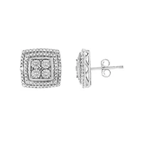 Silver Diamond Accented Square Shaped Milgrain Stud Earrings