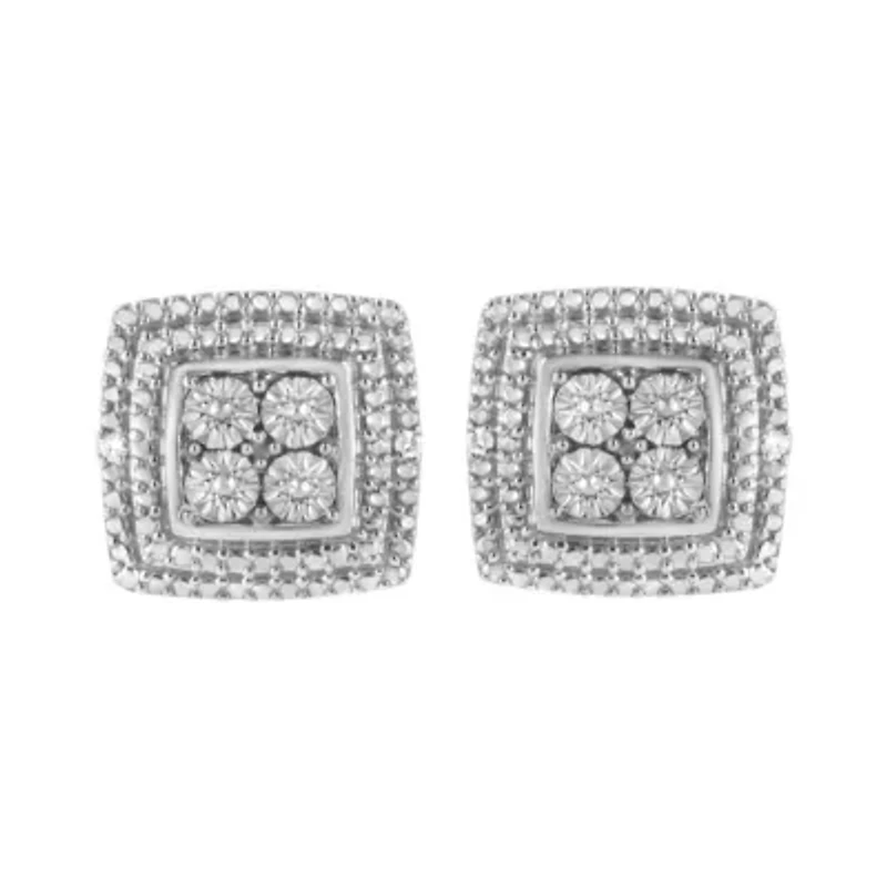 Silver Diamond Accented Square Shaped Milgrain Stud Earrings