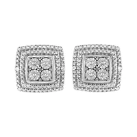 Silver Diamond Accented Square Shaped Milgrain Stud Earrings