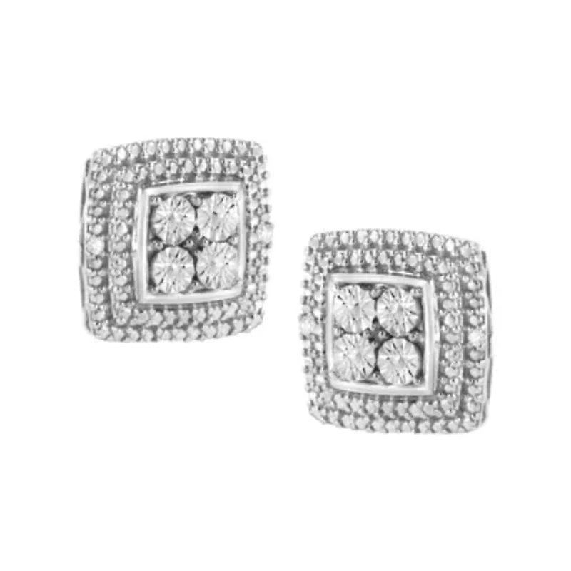 Silver Diamond Accented Square Shaped Milgrain Stud Earrings