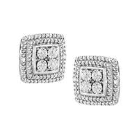 Silver Diamond Accented Square Shaped Milgrain Stud Earrings