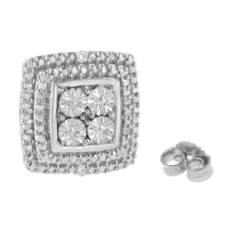 Silver Diamond Accented Square Shaped Milgrain Stud Earrings