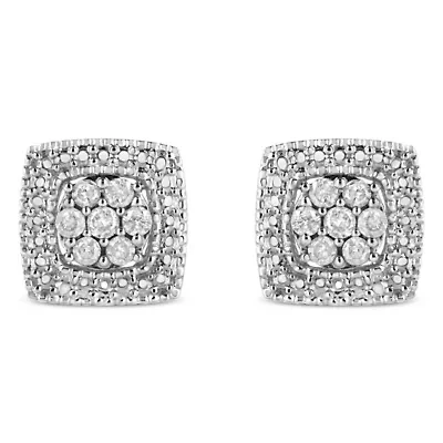 Silver 1/2 Ct Diamond Miligrain Square Shape Stud Earrings