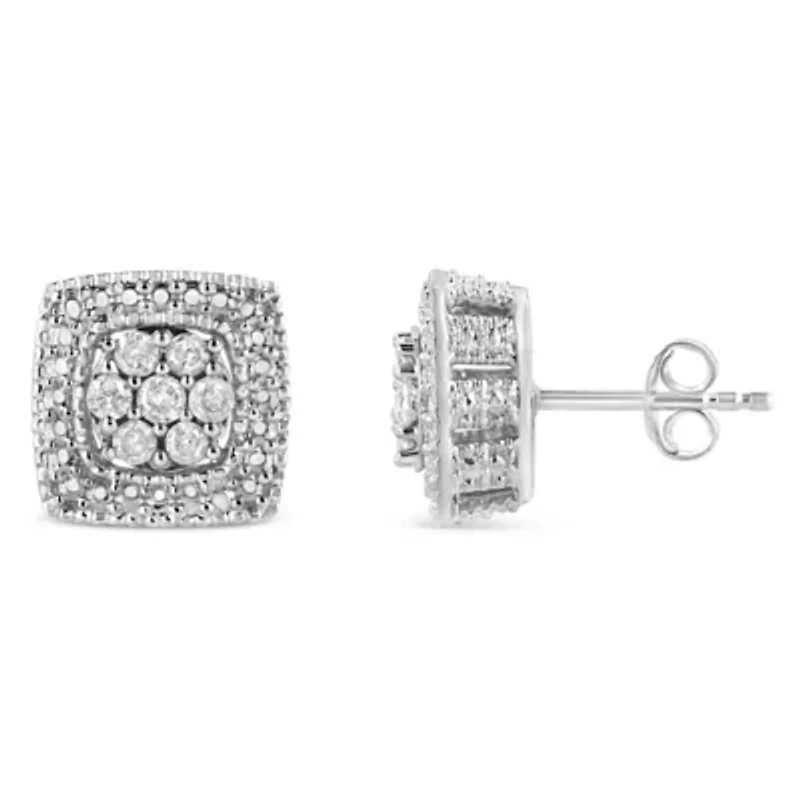 Silver 1/2 Ct Diamond Miligrain Square Shape Stud Earrings