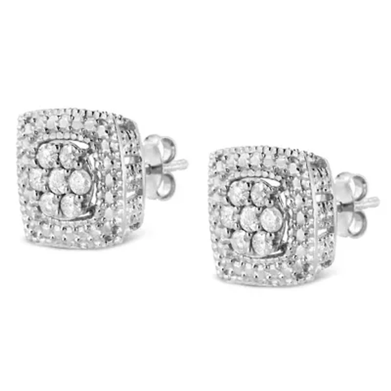 Silver 1/2 Ct Diamond Miligrain Square Shape Stud Earrings