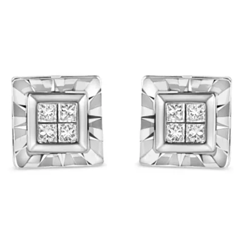 Silver 1/6 Ct Invisible Princess Quad Composite Stud Earrings