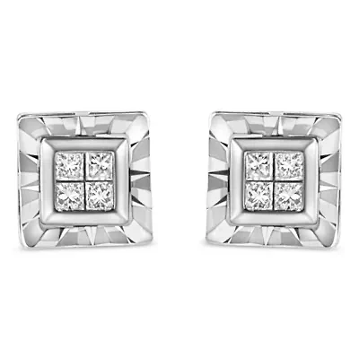 Silver 1/6 Ct Invisible Princess Quad Composite Stud Earrings
