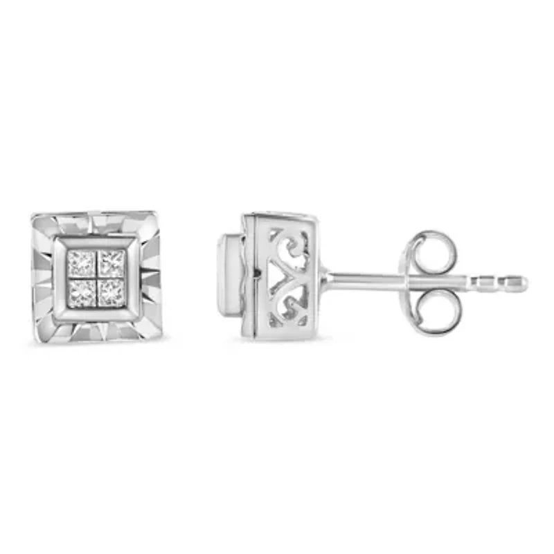 Silver 1/6 Ct Invisible Princess Quad Composite Stud Earrings