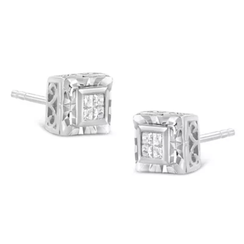 Silver 1/6 Ct Invisible Princess Quad Composite Stud Earrings