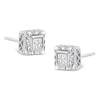 Silver 1/6 Ct Invisible Princess Quad Composite Stud Earrings