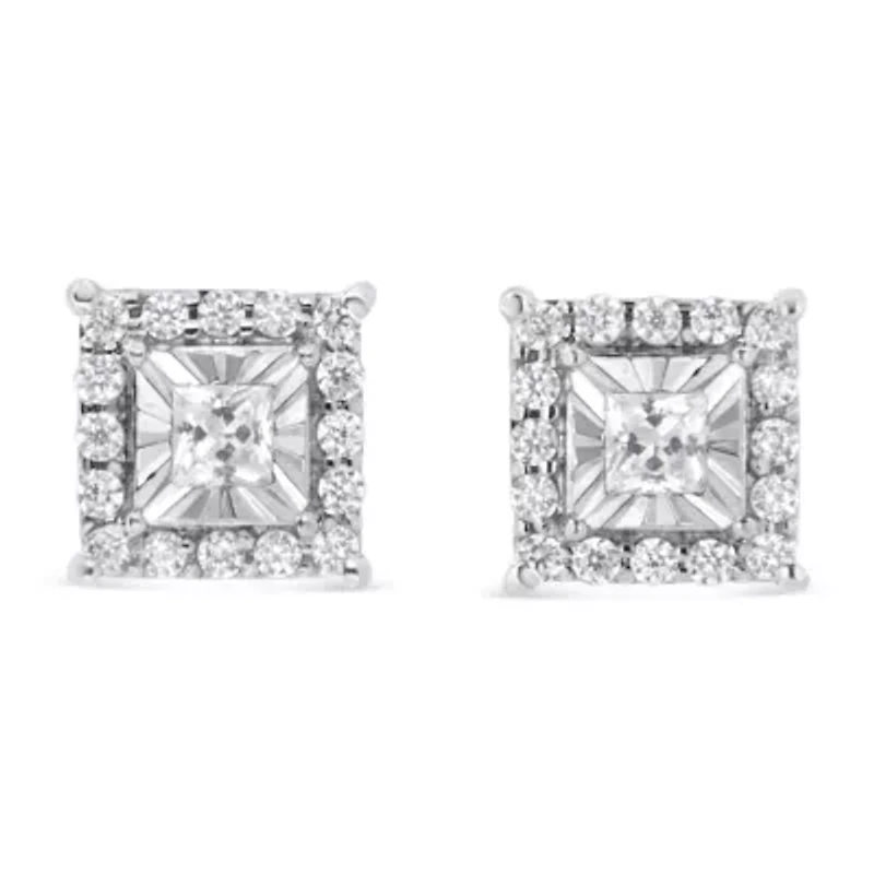 Silver 1/4 Ct Princess and Round Diamond Halo Stud Earrings