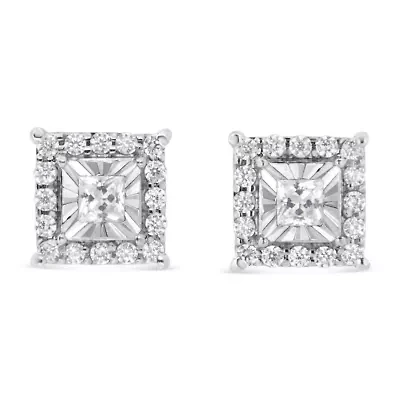 Silver 1/4 Ct Princess and Round Diamond Halo Stud Earrings