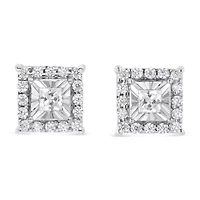 Silver 1/4 Ct Princess and Round Diamond Halo Stud Earrings