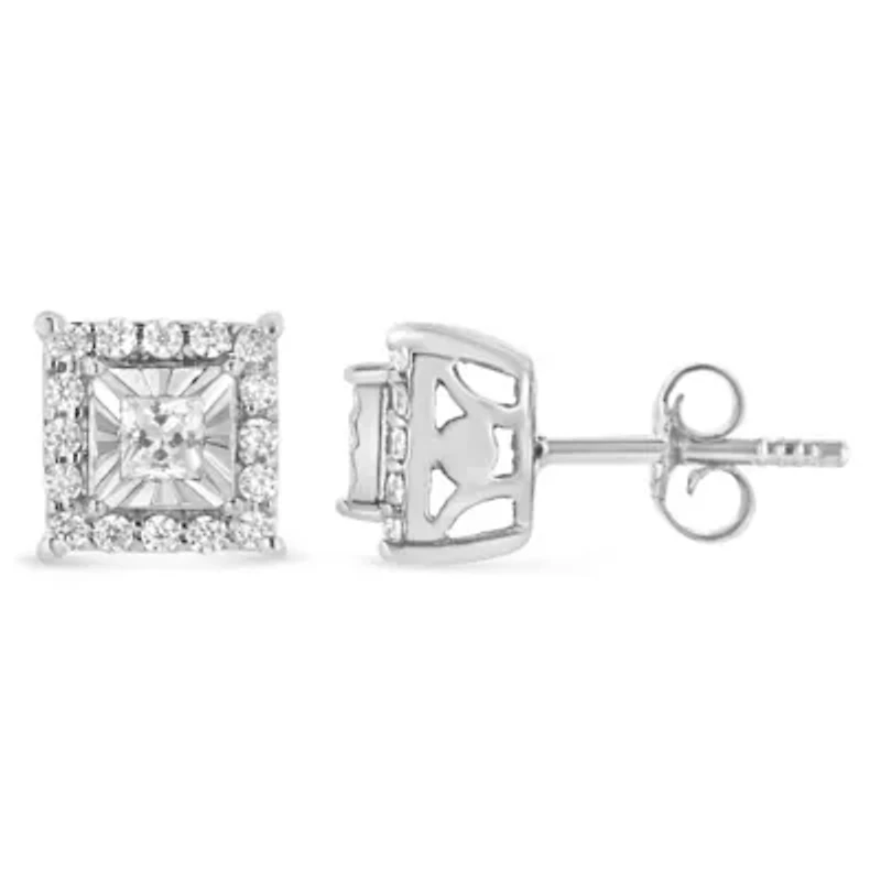 Silver 1/4 Ct Princess and Round Diamond Halo Stud Earrings