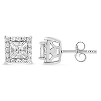 Silver 1/4 Ct Princess and Round Diamond Halo Stud Earrings