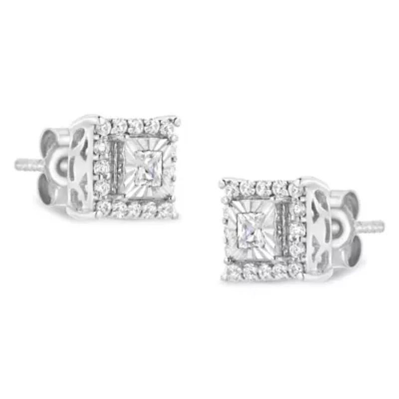 Silver 1/4 Ct Princess and Round Diamond Halo Stud Earrings