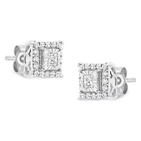 Silver 1/4 Ct Princess and Round Diamond Halo Stud Earrings
