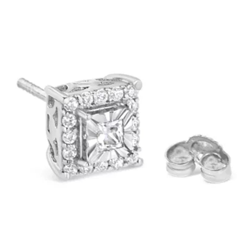 Silver 1/4 Ct Princess and Round Diamond Halo Stud Earrings