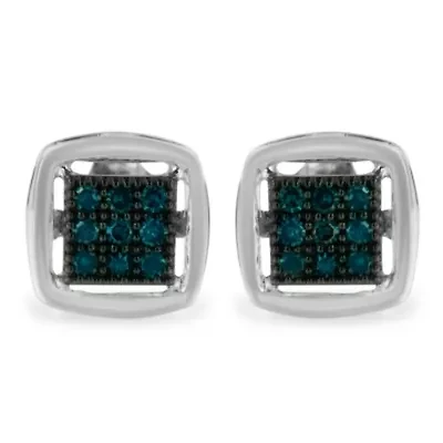 Sterling Silver Rose Blue Diamond Square Stud Earring
