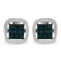 Sterling Silver Rose Blue Diamond Square Stud Earring