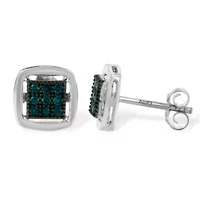 Sterling Silver Rose Blue Diamond Square Stud Earring