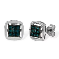 Sterling Silver Rose Blue Diamond Square Stud Earring