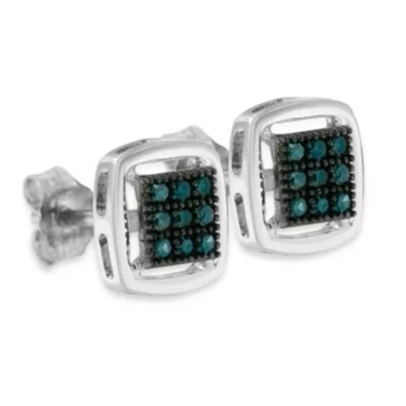 Sterling Silver Rose Blue Diamond Square Stud Earring