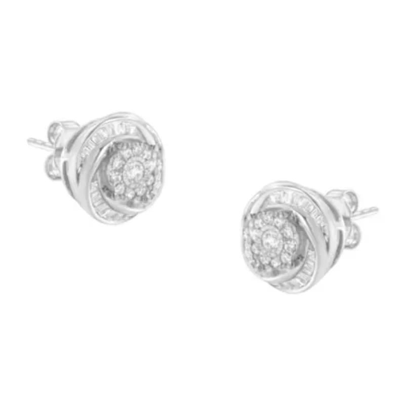 Silver 3/4 Ct Round and BaguetteDiamond Love Knot Stud Earring