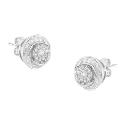 Silver 3/4 Ct Round and BaguetteDiamond Love Knot Stud Earring