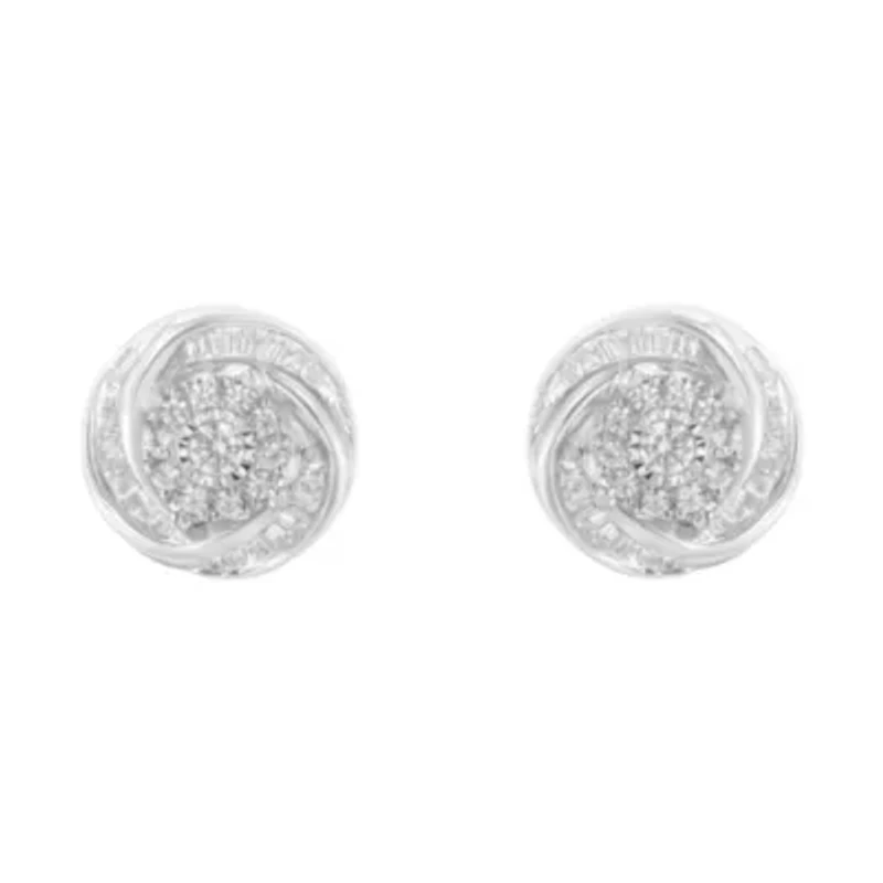 Silver 3/4 Ct Round and BaguetteDiamond Love Knot Stud Earring