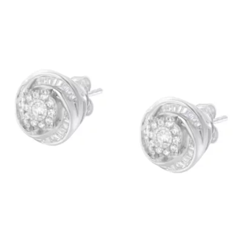 Silver 3/4 Ct Round and BaguetteDiamond Love Knot Stud Earring