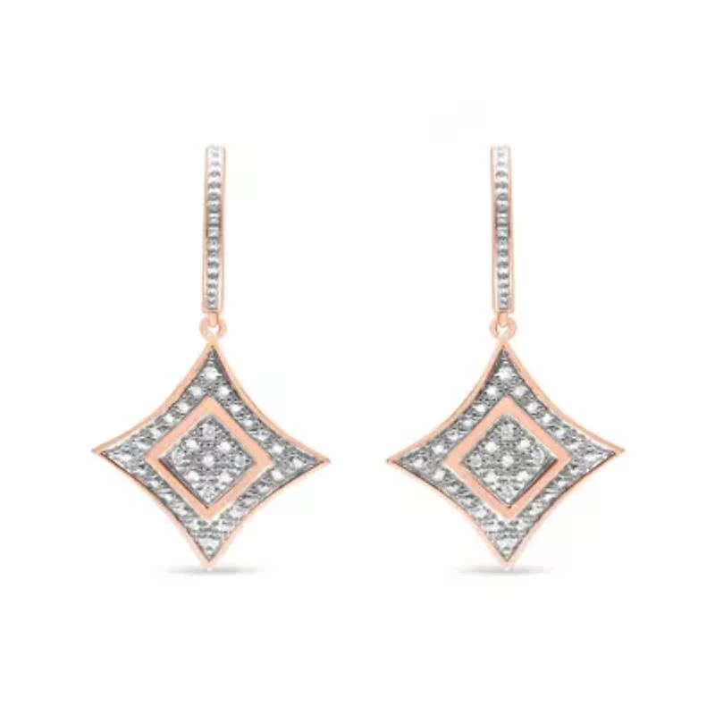 10K Rose Gold Plated Sterling Silver Round Diamond Cushion Dangle Earrings