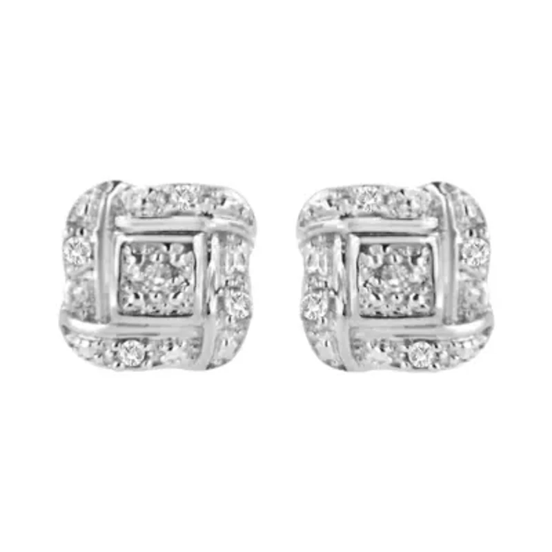 Silver Round Diamond Square Stud Earrings