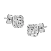 Silver Round Diamond Square Stud Earrings