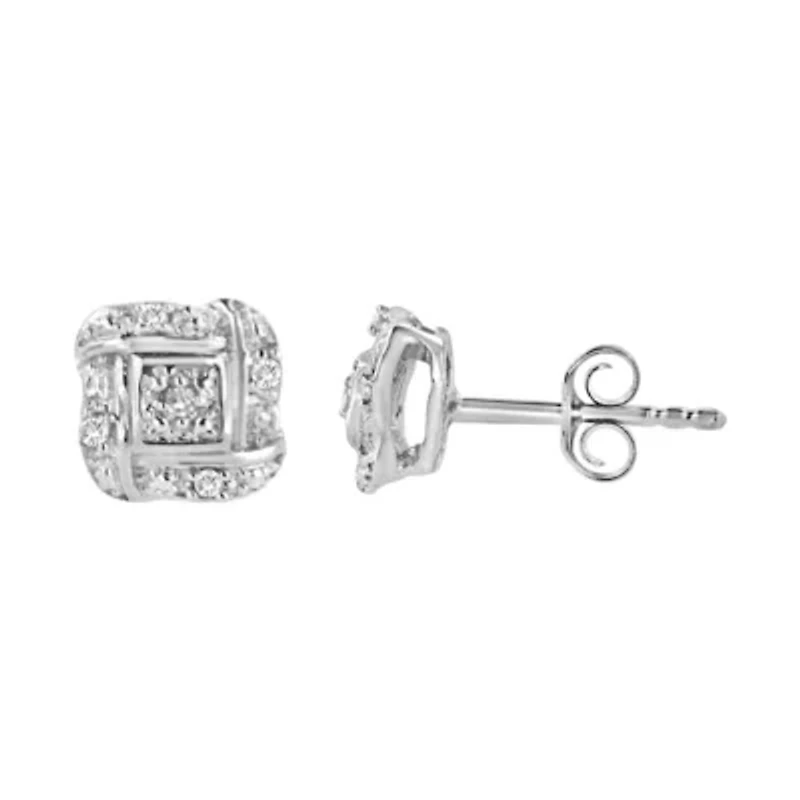 Silver Round Diamond Square Stud Earrings