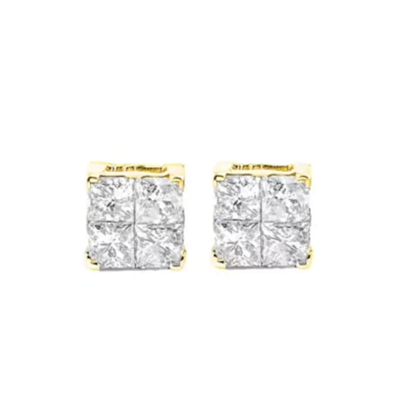 10K Yellow Gold Plated Silver 1.0 Ct Princess Composite Multi Stone Stud Earrings