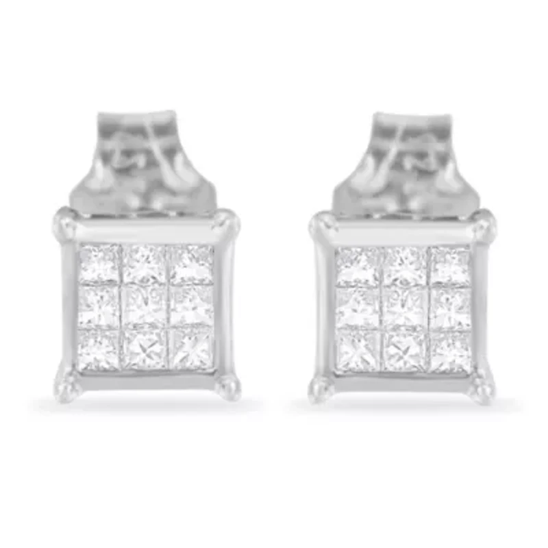 Sterling Silver Princess Diamond Square Stud Earrings